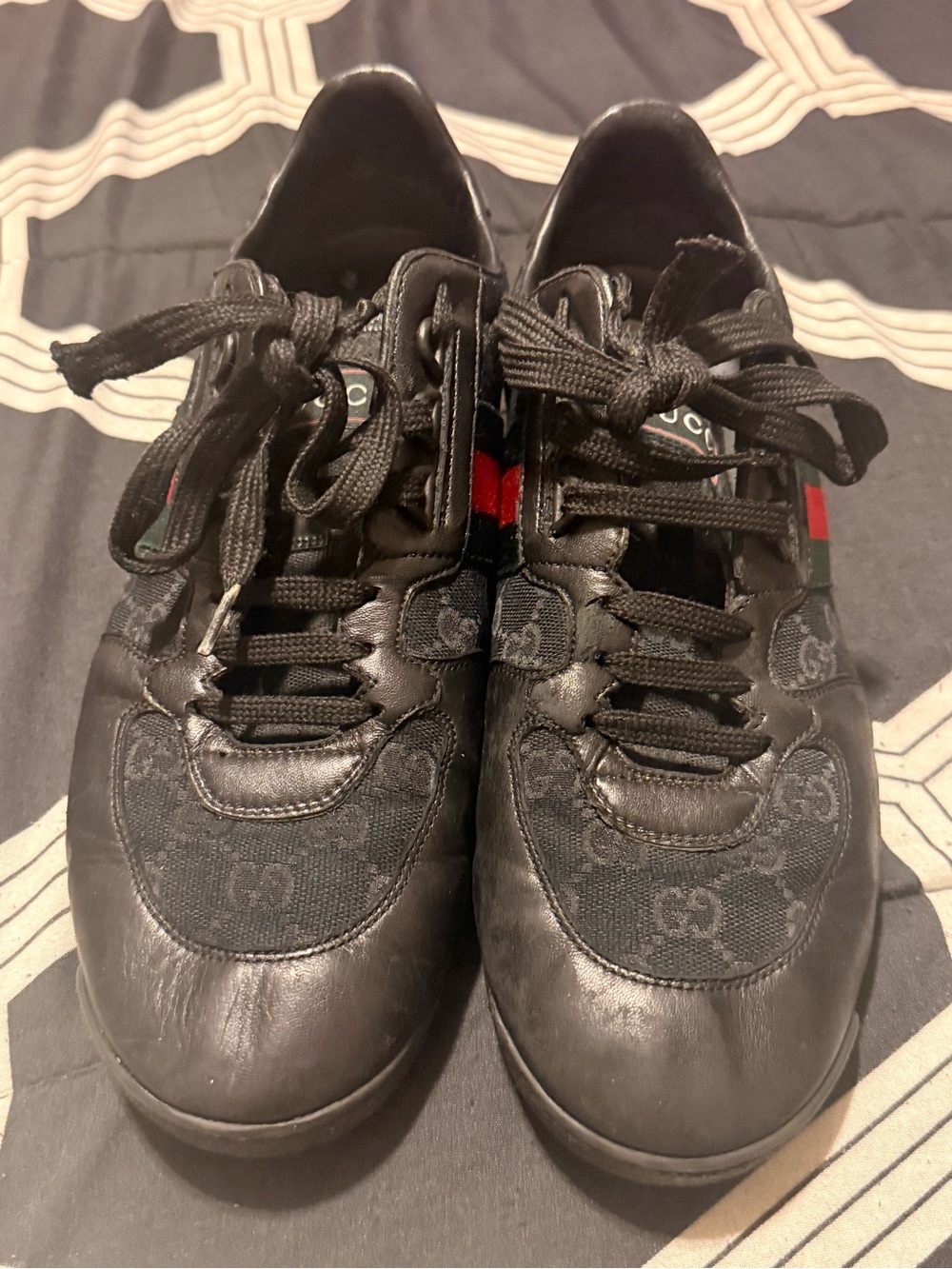Gucci Black Leather & Monogram Canvas Sneakers with Red-Green Web